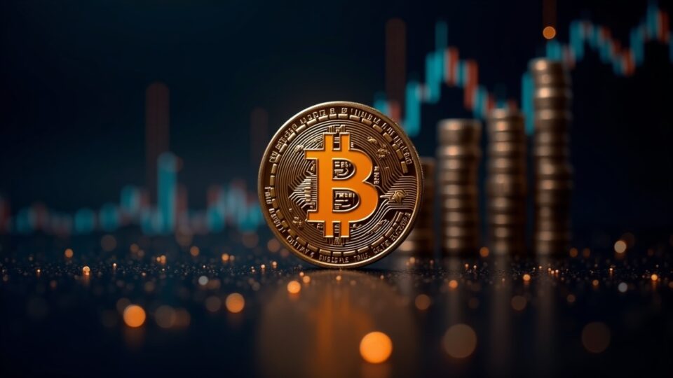 Símbolo de Bitcoin centrado, altcoins en ascenso, con datos superpuestos, ilustrando rotación de capital cripto.