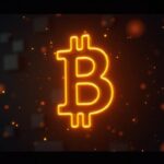 Logotipo de Bitcoin brillando en una pantalla, carteras de Satoshi desvaneciéndose al fondo y un contador de aniversario.