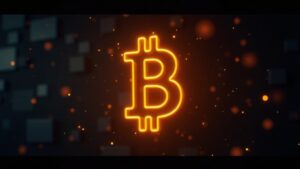 Logotipo de Bitcoin brillando en una pantalla, carteras de Satoshi desvaneciéndose al fondo y un contador de aniversario.
