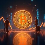 Bitcoin centerpiece breaking above a glowing price line in a sleek trading room, with silhouettes and ETF icons signaling scarcity.