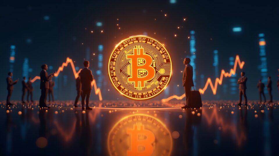 Bitcoin centerpiece breaking above a glowing price line in a sleek trading room, with silhouettes and ETF icons signaling scarcity.