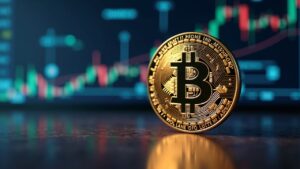 Bitcoin cerca de su máximo histórico con ticker digital, piso de trading moderno, iconos de ETF y fondo de redacción.