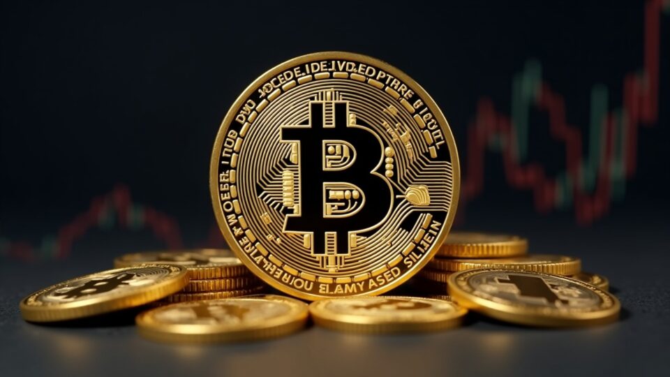 Bitcoin dominante frente a DOGE y TRUMP, con gráfico ascendente y toques regulatorios, estilo newsroom.