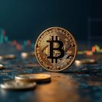 Moneda Bitcoin central, gráficos ETF en alza y fondo con red descentralizada, sugiriendo influjos institucionales.