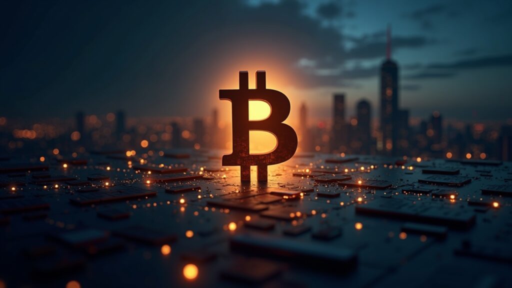 Logotipo de Bitcoin ascendiendo sobre un distrito financiero, con blockchain y brillo que sugieren giro de la Fed y cripto.