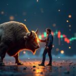 Bitcoin a 104k en gráfico limpio; trader enfocado frente a un toro al alza, con iconos de ETF y red descentralizada al fondo