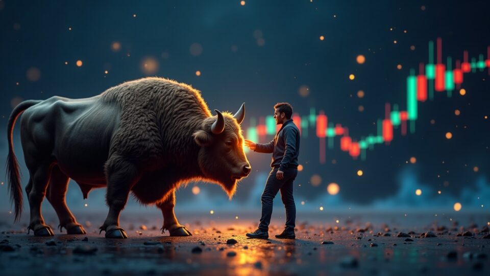 Bitcoin a 104k en gráfico limpio; trader enfocado frente a un toro al alza, con iconos de ETF y red descentralizada al fondo