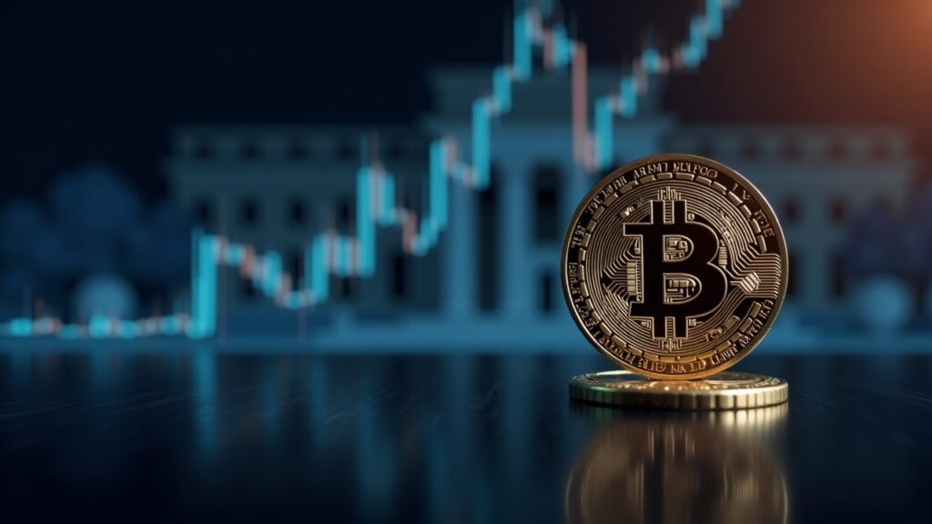 Moneda de Bitcoin en primer plano con gráfico holográfico ascendente y silueta de la Fed, tono periodístico moderno.