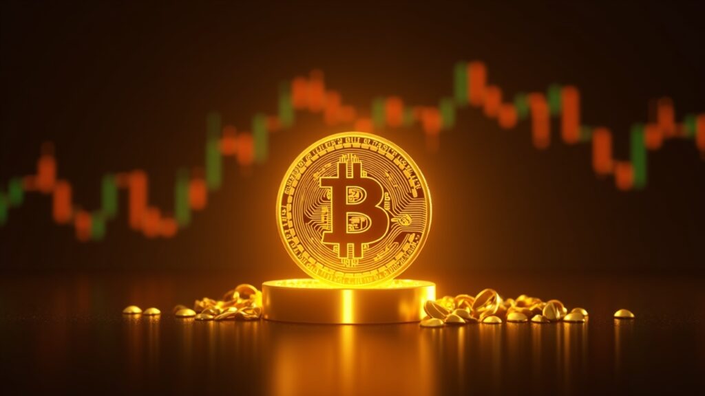 Bitcoin brillante al centro, lingotes de oro y gráficos de ETF de fondo que representan gold 2.0