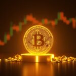 Bitcoin brillante al centro, lingotes de oro y gráficos de ETF de fondo que representan gold 2.0