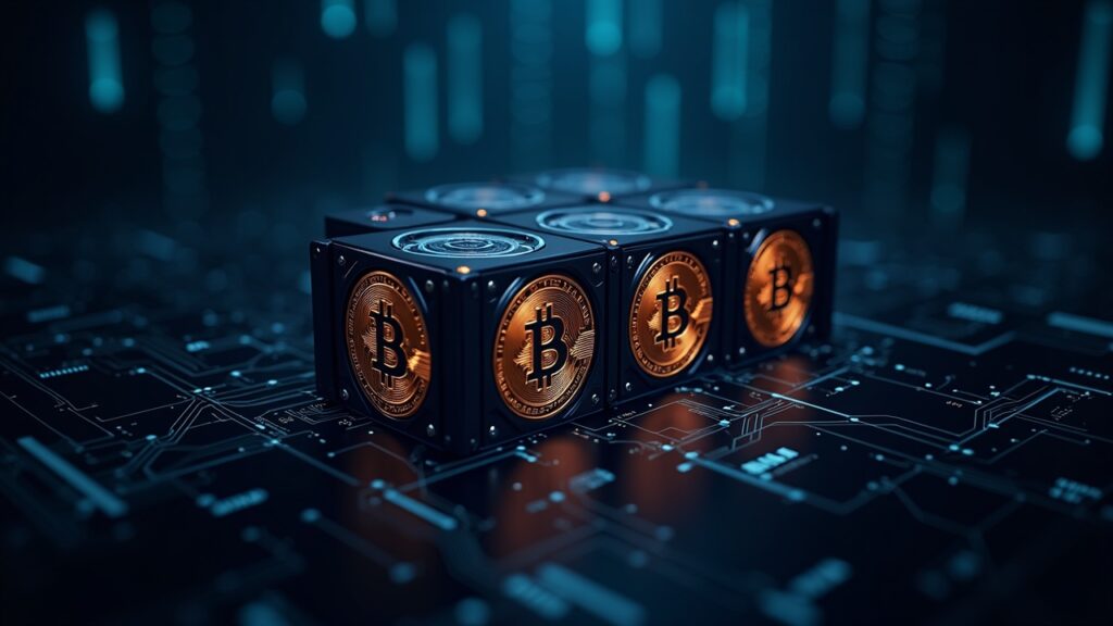 Minería de Bitcoin al centro, pantallas de cotización y circuitos de IA al fondo, impulso cripto por IA.