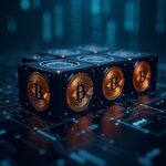 Minería de Bitcoin al centro, pantallas de cotización y circuitos de IA al fondo, impulso cripto por IA.