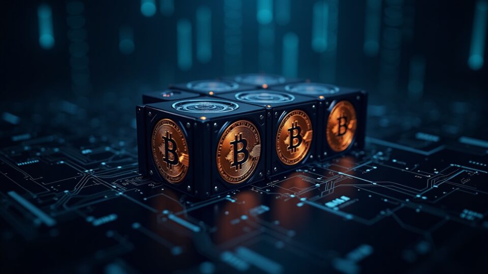 Minería de Bitcoin al centro, pantallas de cotización y circuitos de IA al fondo, impulso cripto por IA.
