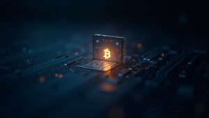 Núcleo cuántico en primer plano; clave privada de Bitcoin emerge de una dirección pública sobre un libro mayor transparente.