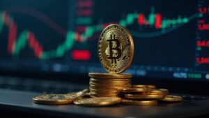 Sala de trading con gráficos de BTC y pantallas de custodia, señalando presión vendedora y vigilancia regulatoria.