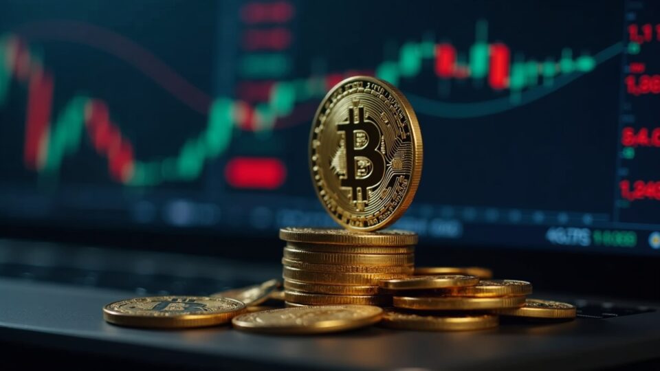 Sala de trading con gráficos de BTC y pantallas de custodia, señalando presión vendedora y vigilancia regulatoria.