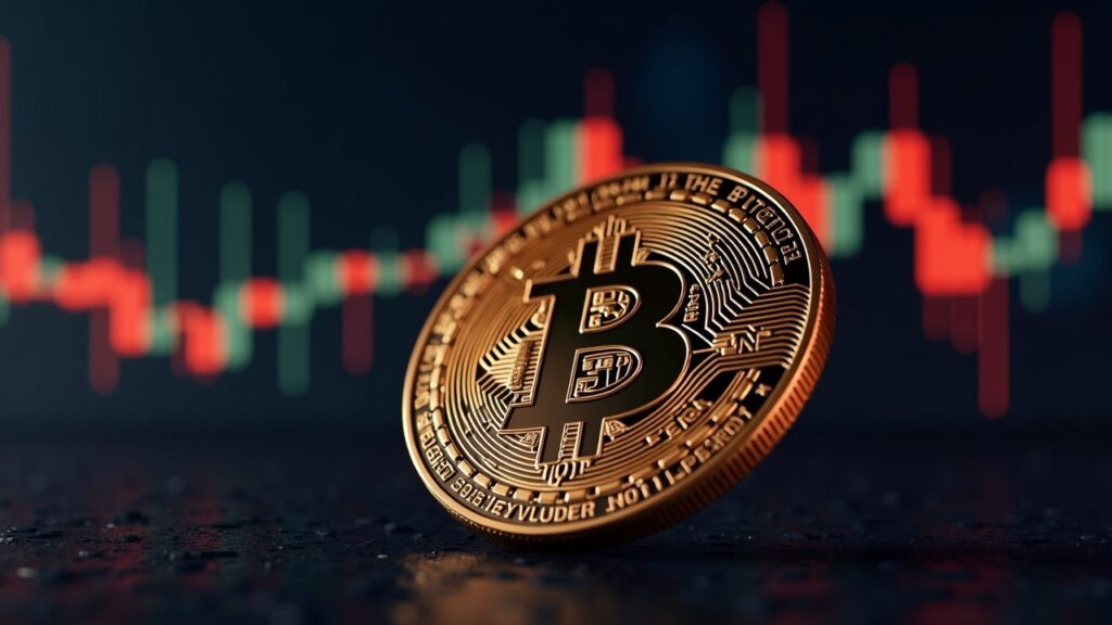 Moneda Bitcoin en primer plano con gráficos de precios ascendentes, fondo de sala de noticias en tonos alcistas.