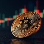 Moneda Bitcoin en primer plano con gráficos de precios ascendentes, fondo de sala de noticias en tonos alcistas.