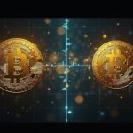 Split-screen: Bitcoin logo left, tokenized gold with $3B cap on right, blockchain grid linking assets in a newsroom.