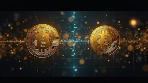 Split-screen: Bitcoin logo left, tokenized gold with $3B cap on right, blockchain grid linking assets in a newsroom.