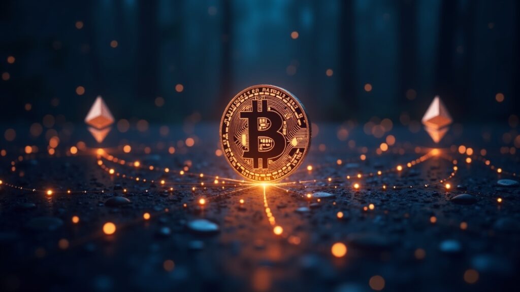 Bitcoin en el centro con puentes brillantes hacia Ethereum y Cardano, brillo ZK y ambiente institucional BTCFi.