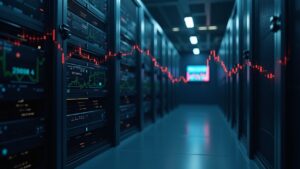 Centro de datos con rigs de minería de Bitcoin al frente y servidores AI HPC al fondo, con gráfico de acciones en caída.