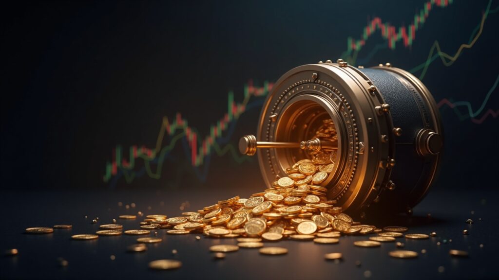 bóveda de ether de BitMine con monedas ETH fluyendo hacia una tesorería, gráfico ascendente y halo de red descentralizada