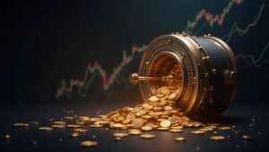 bóveda de ether de BitMine con monedas ETH fluyendo hacia una tesorería, gráfico ascendente y halo de red descentralizada