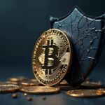 Moneda de Bitcoin frente a un logo de BlackRock y un escudo agrietado, símbolo de concentración de ETFs.