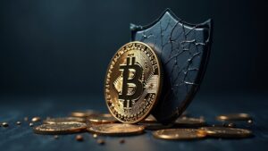 Moneda de Bitcoin frente a un logo de BlackRock y un escudo agrietado, símbolo de concentración de ETFs.