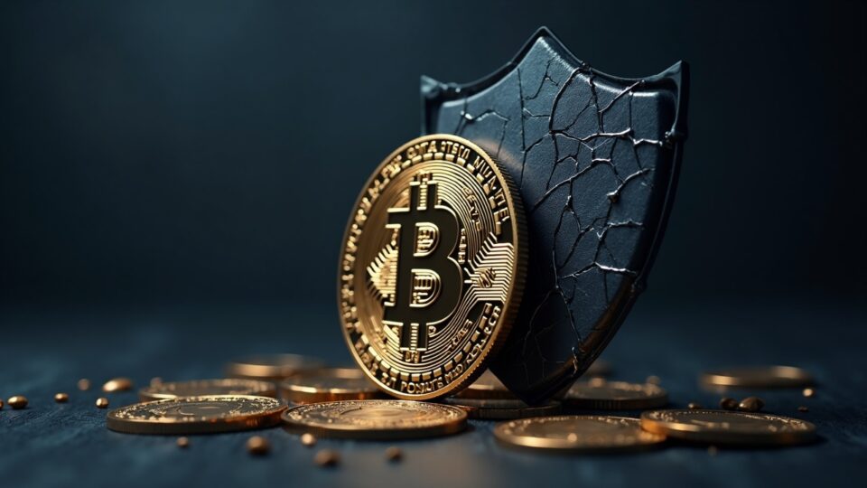 Moneda de Bitcoin frente a un logo de BlackRock y un escudo agrietado, sÃmbolo de concentración de ETFs.