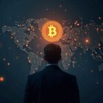 Ejecutivo en traje observa un holograma de Bitcoin sobre blockchain, simbolizando adopción institucional y tokenización.