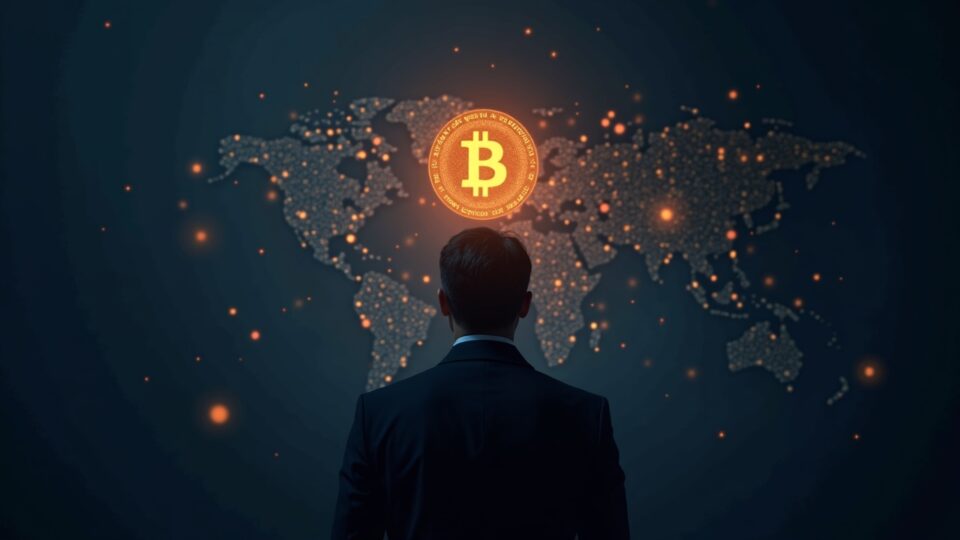 Ejecutivo en traje observa un holograma de Bitcoin sobre blockchain, simbolizando adopción institucional y tokenización.