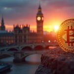 Moneda de Bitcoin brillando en primer plano, skyline de Londres al atardecer y emblema regulatorio de la FCA