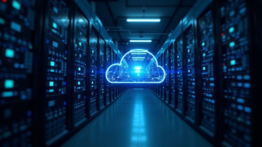 Data center fotorealista con racks de GPU y un resplandor de registro blockchain, simbolizando una instalación de IA respaldada por 500 millones.