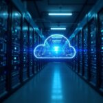 Data center fotorealista con racks de GPU y un resplandor de registro blockchain, simbolizando una instalación de IA respaldada por 500 millones.