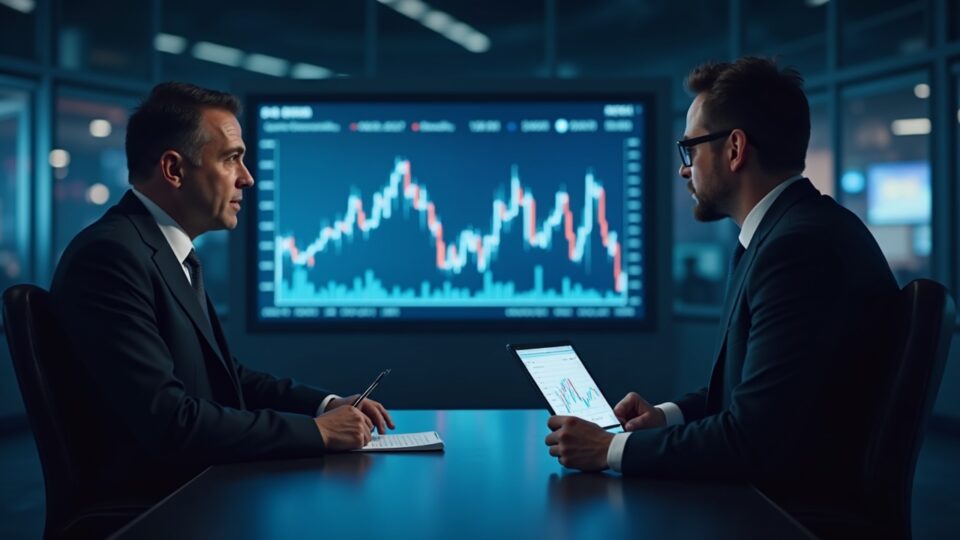 Analista en sala de noticias ante un gráfico holográfico de BNB, caída del 12% desde ATH y RSI ~80.