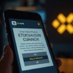 Pantalla de teléfono con alerta de cuenta BNB Chain en X, mostrando enlaces de phishing y logos de Binance y BNB al fondo.