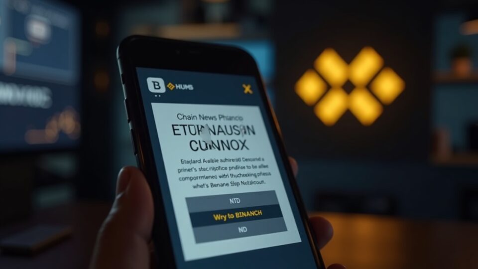 Pantalla de teléfono con alerta de cuenta BNB Chain en X, mostrando enlaces de phishing y logos de Binance y BNB al fondo.