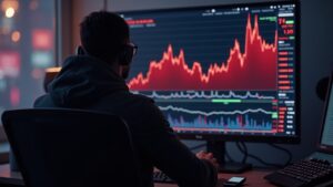 Trader cripto frente a pantalla ve gráfico rojo quebrar soporte; logo BNB y Fed impulsan volatilidad.