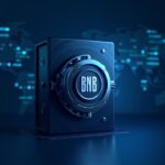 Photoreal header: secure digital treasury vault with BNB logo, investor icons, and a US stock market backdrop.
