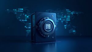 Photoreal header: secure digital treasury vault with BNB logo, investor icons, and a US stock market backdrop.