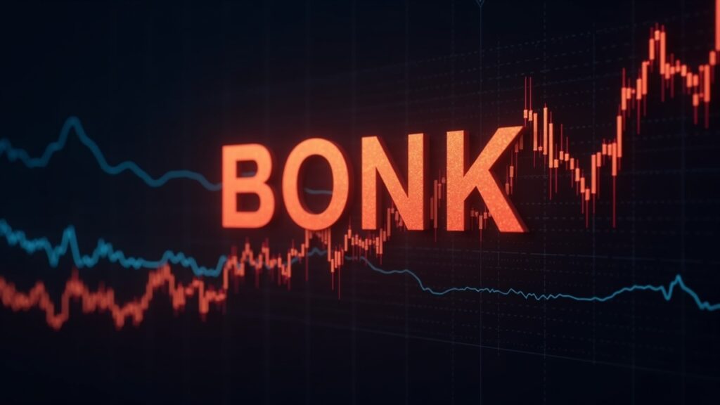 Logotipo fotorrealista de BONK sobre un fondo de Solana, con gráfico alcista, barras de volumen y silueta de inversor institucional.