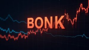 Logotipo fotorrealista de BONK sobre un fondo de Solana, con gráfico alcista, barras de volumen y silueta de inversor institucional.