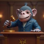 Bored Ape NFT avatar at a courtroom podium with a gavel and subtle blockchain motifs.