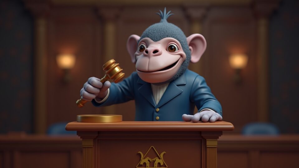 Bored Ape NFT avatar at a courtroom podium with a gavel and subtle blockchain motifs.