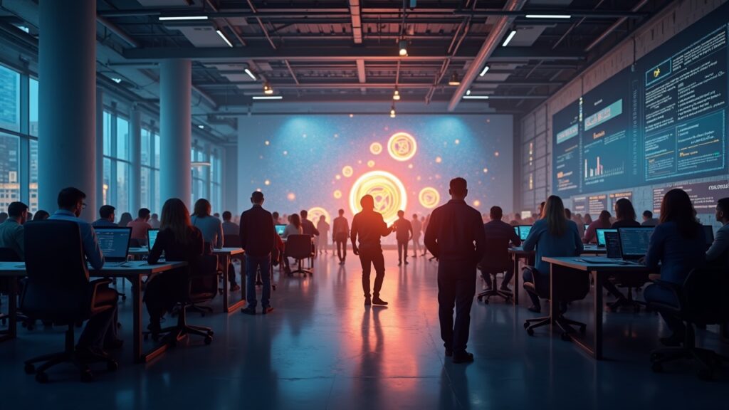 Equipo diverso en un hub de aceleradora, tokens Web3 brillantes y puente luminoso entre Brinc y HELLO Labs.