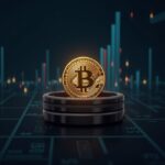 BTC en primer plano, salidas de exchanges hacia una billetera hardware y ETFs alza de fondo.