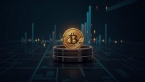 BTC en primer plano, salidas de exchanges hacia una billetera hardware y ETFs alza de fondo.