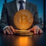Bitcoin resplandece sobre símbolo del BCE roto, inversionista europeo atento en sala de noticias, reflejando QE y devaluación.